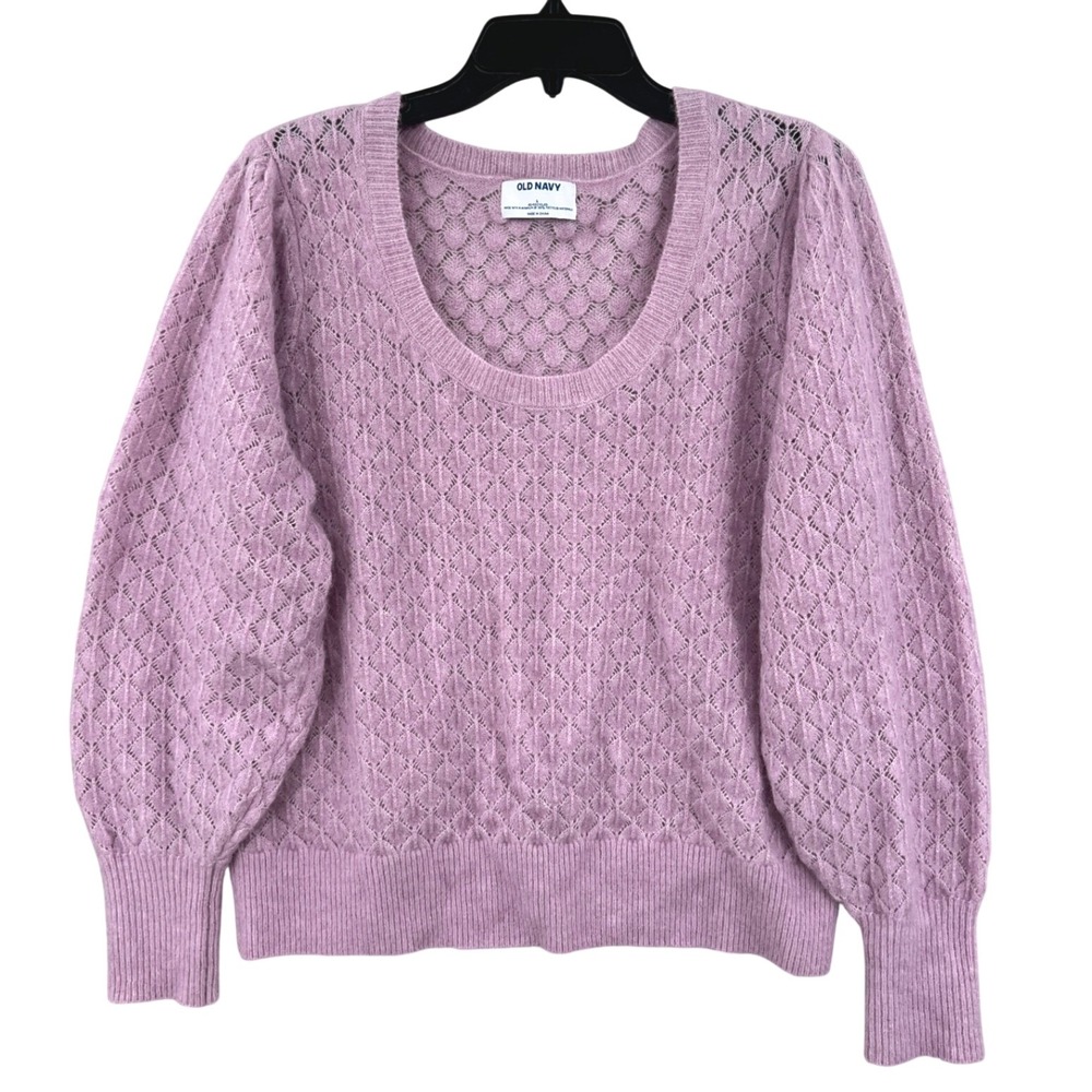 Old Navy Pointelle open Knit Sweater L Lavender Puff Sleeve Wool Blend Coquette